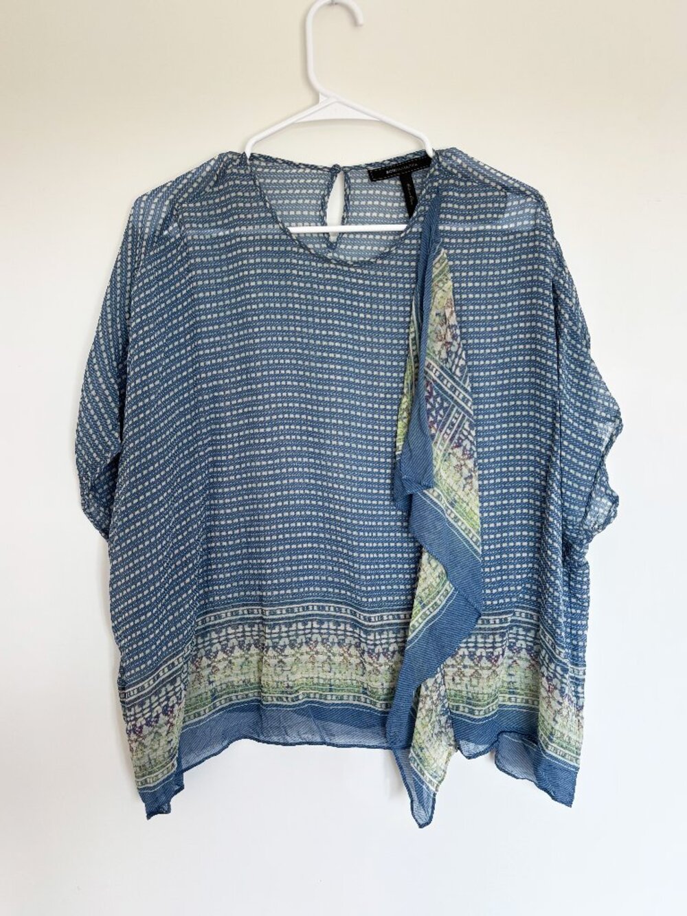 BCBG Blue Printed Sheer Poncho Top | Size S
